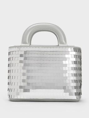 New Charles and Keith Silver Sequinned Double Handle Tote Bag Small Sequins